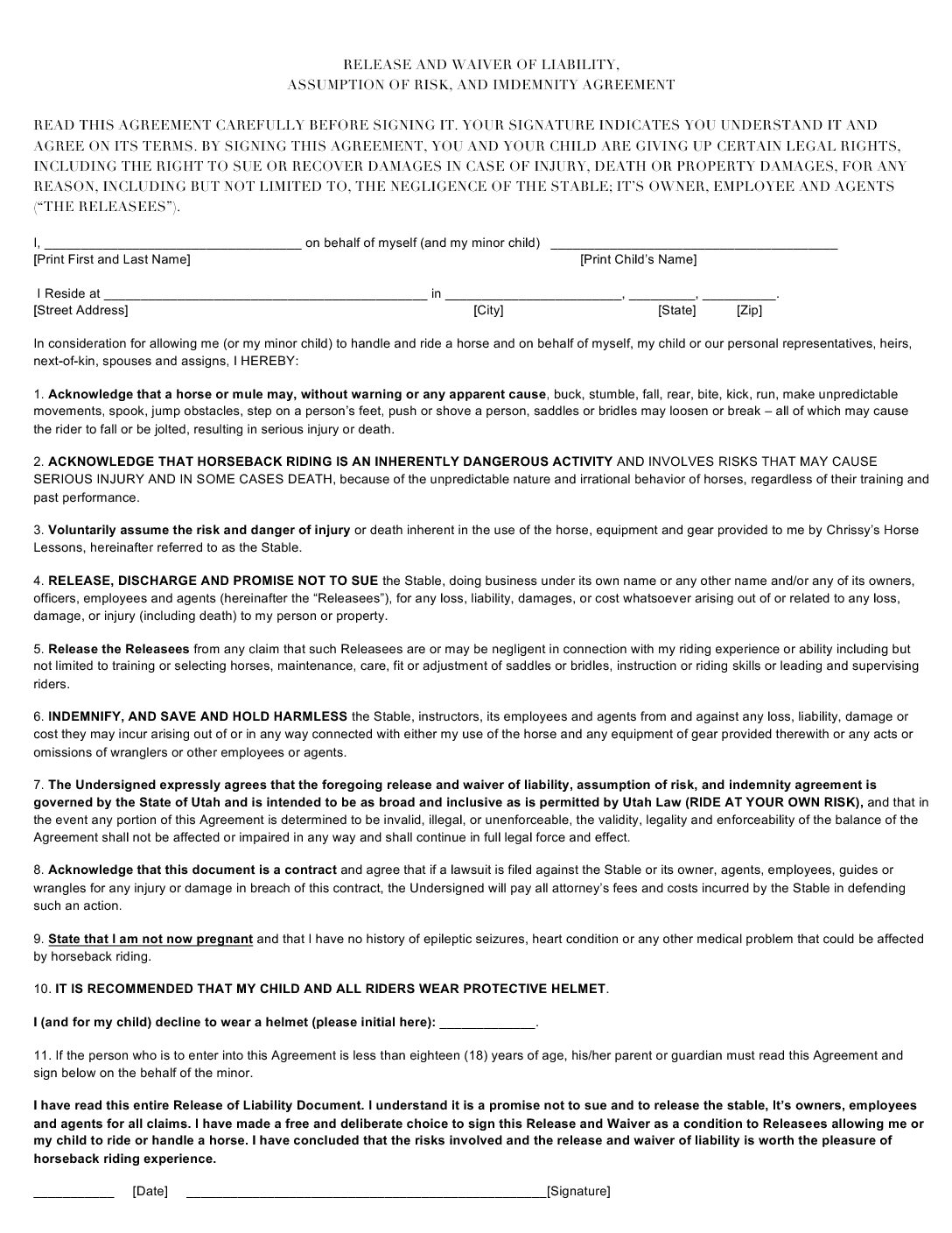 Release And Waiver Of Liability Form South Jordan Utah Horse Riding 